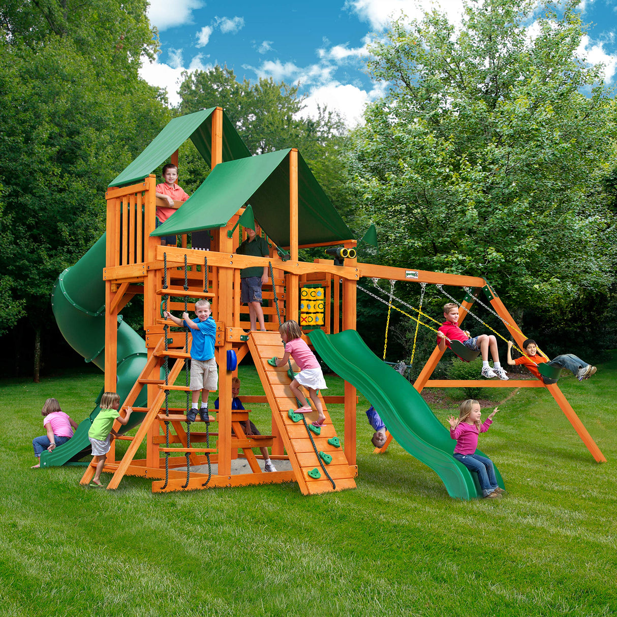 Gorilla Playsets 01-0030-AP-1 Great Skye I Wood Swing Set with Green Vinyl Canopy, Tube Slide, and Rock Wall, Amber Gorilla Playsets