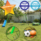FITNESS REALITY KIDS Sports Outdoor 8 Station Playground Set, Includes Swing Set, Slide, Monkey Bars, Basketball Hoop, Trampoline, Soccer and Basketball + Pump, Green FITNESS REALITY KIDS
