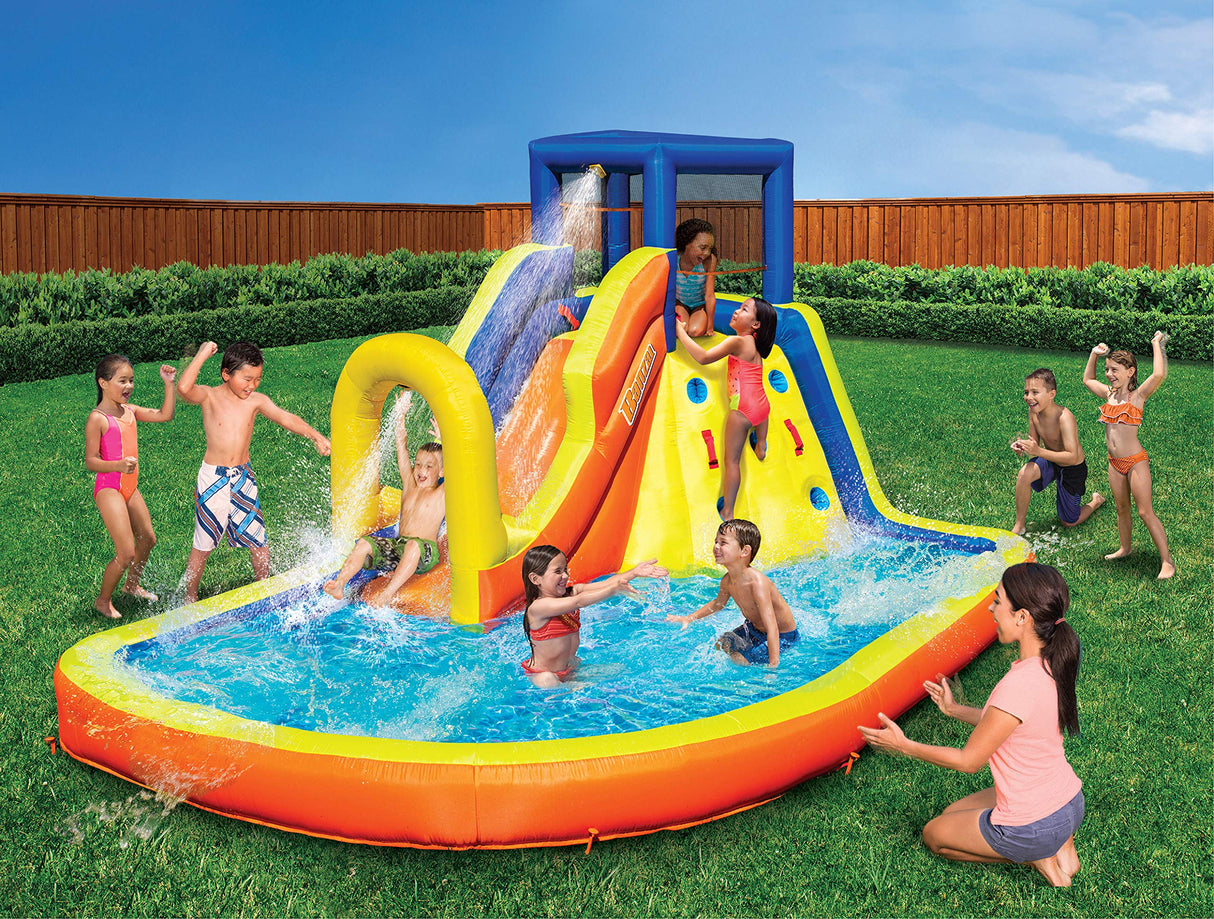BANZAI Inflatable 13' Water Slide Park Plus 12' Bounce House 2 for 1 Value Pack w Free Air Blower- Inflates in Under 2min- Heavy Duty Kids Adventure Park Pool with Sprinkler 12’x9 XL Bouncy Castle BANZAI