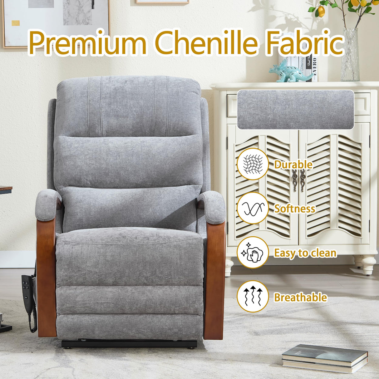 Power Lift Recliner Chair for Elderly People, Dual Motor Lift Chair with Vibration Massage and Heat, Lay Flat Recliner with Solid Wood Armrest, Standing Assistance Reclining, Chenille Fabric Gray EZZUP