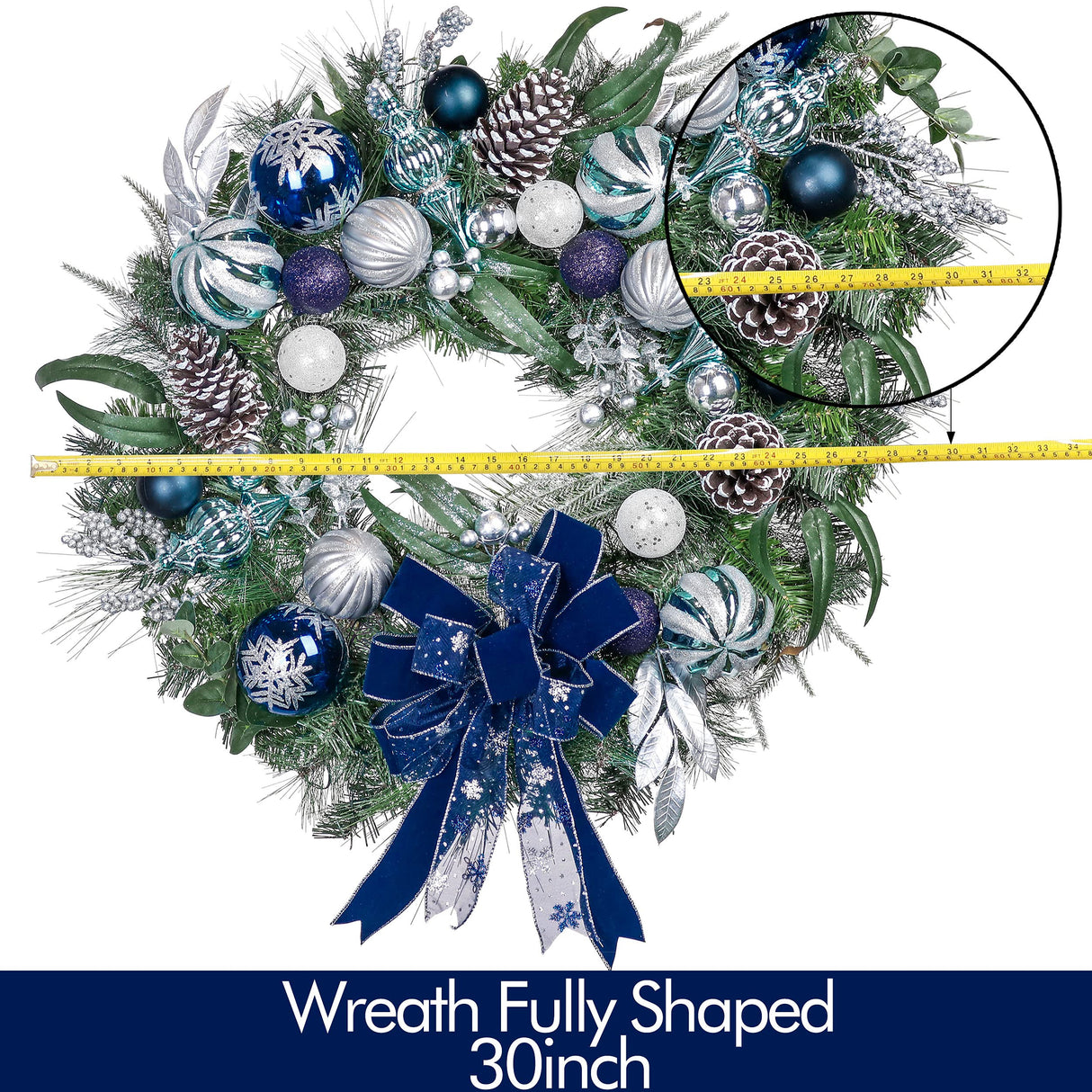 Valery Madelyn 30 Inch Pre-Lit Christmas Wreath for Front Door with Lights, Large Lighted Christmas Wreath with Silver Blue Xmas Ball for Fireplace Window Outdoor Table Centerpiece Holiday Decoration Valery Madelyn