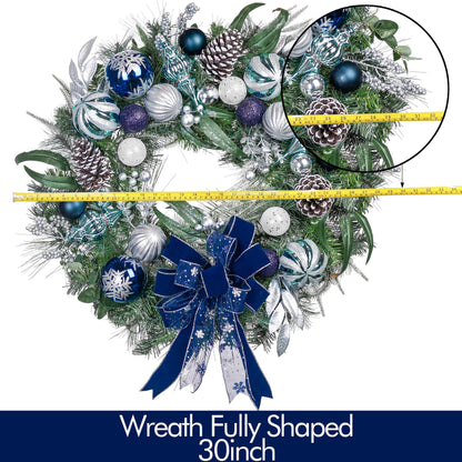 Valery Madelyn 30 Inch Pre-Lit Christmas Wreath for Front Door with Lights, Large Lighted Christmas Wreath with Silver Blue Xmas Ball for Fireplace Window Outdoor Table Centerpiece Holiday Decoration