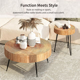 COZAYH 2-Piece Modern Farmhouse Living Room Coffee Table Set, Nesting Table Round Natural Finish with Handcrafted Wood Ring Motif, Light Red + Wood Color COZAYH