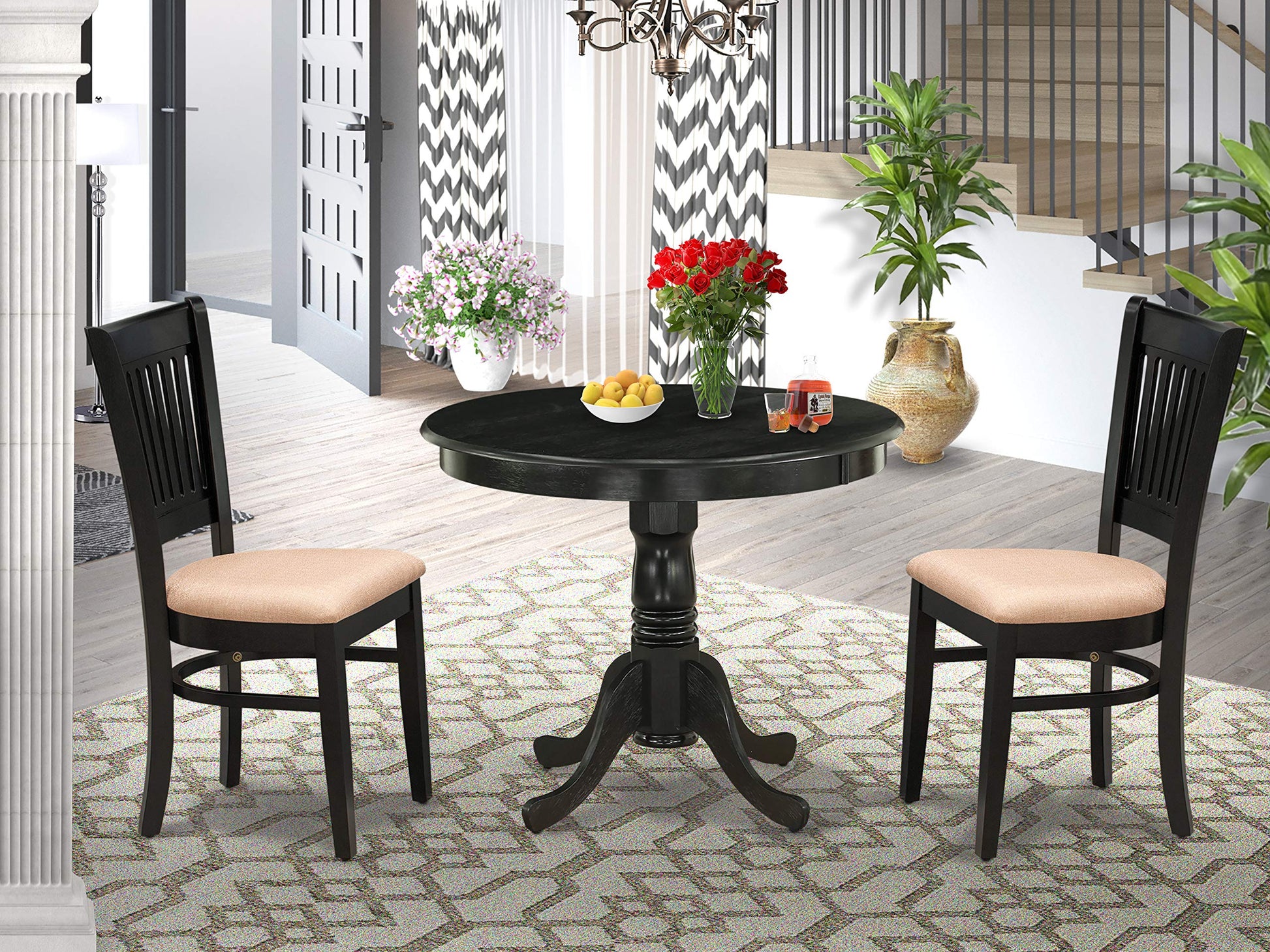 East West Furniture ANVA3-BLK-C 3 Piece Modern Dining Table Set Contains a Round Kitchen Table with Pedestal and 2 Linen Fabric Dining Room Chairs, 36x36 Inch, Black - WoodArtSupply