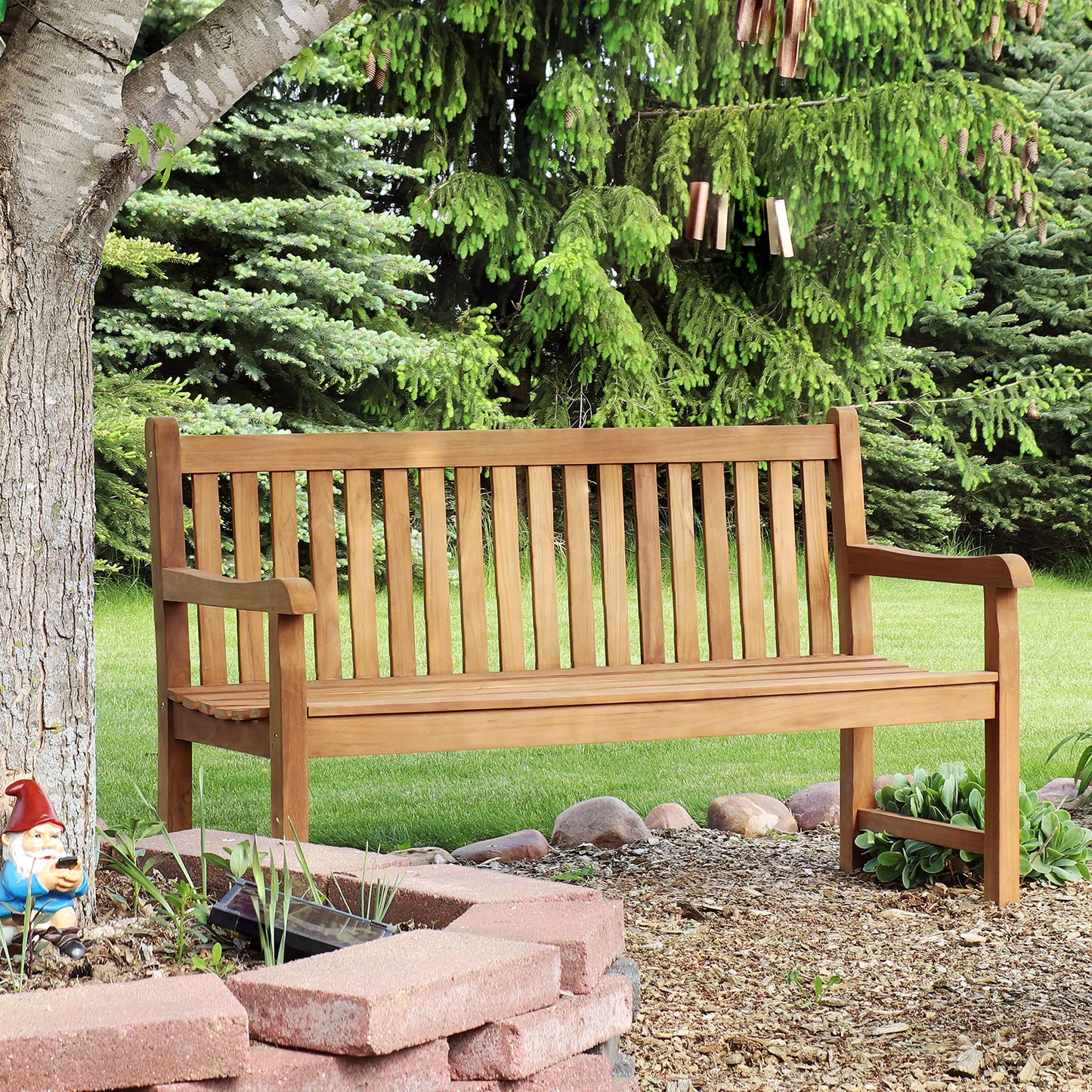 Sunnydaze Mission-Style 59-Inch Teak Wood Outdoor Bench with Light Brown Finish - WoodArtSupply