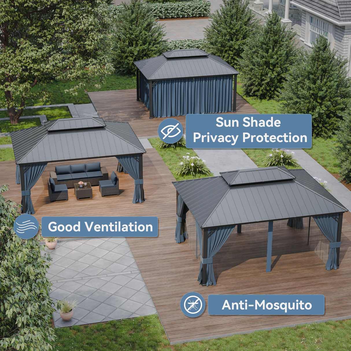 Kurapika 12' x 16' Hardtop Outdoor Metal Gazebo with Galvanized Steel Double Roof Canopy, Curtain and Netting, Aluminum Permanent Pavilion Gazebo, Navy Blue Kurapika