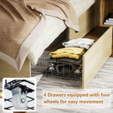 Natural Rattan Boho Queen Bed Frame with Storage Drawers, Charging Station, and LED Lights - PAKASEPT PAKASEPT