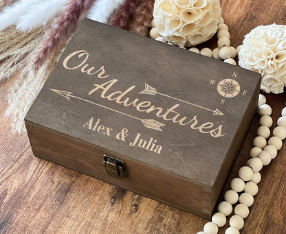 Our Adventures Box, 8.5 in x 8 in x 2.5 in, Wooden Box, Keepsake Box, Memory Box, Gift box, 5th Anniversary Gift, Unique Gift Ideas, Travel, Wooden