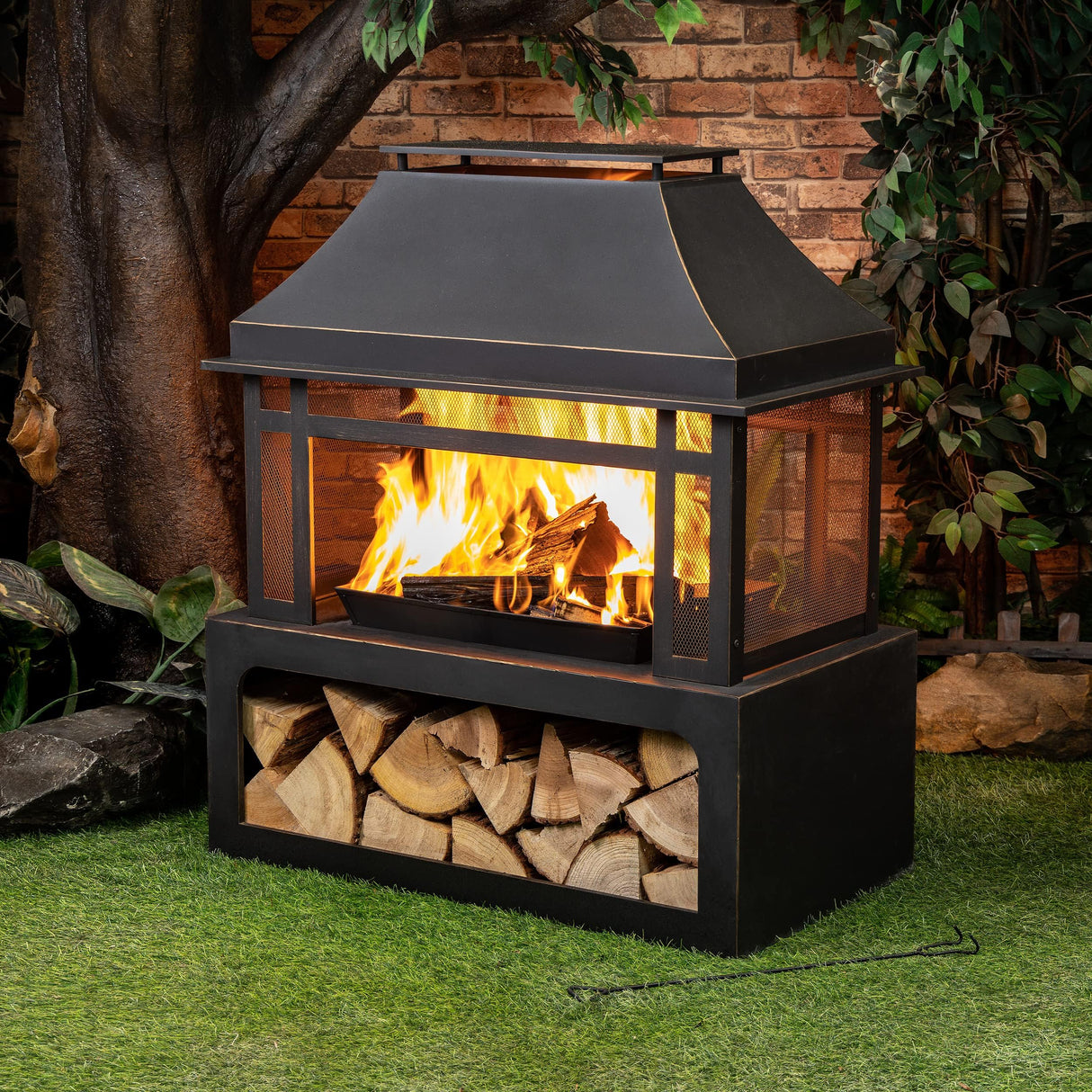 Deko Living Outdoor Wood Burning Fireplace with Wood Storage and Removable Fire Grill - 40 Inch Large Metal Wicker Base Fire Pit for Patio Garden Deck Backyard, Black Deko Living