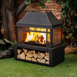 Deko Living Outdoor Wood Burning Fireplace with Wood Storage and Removable Fire Grill - 40 Inch Large Metal Wicker Base Fire Pit for Patio Garden Deck Backyard, Black Deko Living