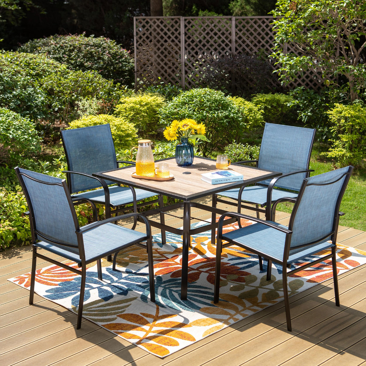 HERA'S HOUSE Outdoor Dining Set 5 Piece Patio Table and Chairs Set, 4 x Textilene Dining Chair, 37" Square Wood Look Dining Table, for Lawn Garden Backyard Deck (Blue Chair x 4, 37" Square Table) HERA'S HOUSE