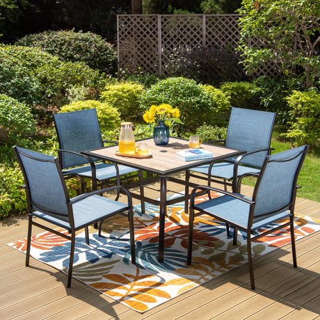 HERA'S HOUSE Outdoor Dining Set 5 Piece Patio Table and Chairs Set, 4 x Textilene Dining Chair, 37" Square Wood Look Dining Table, for Lawn Garden Backyard Deck (Blue Chair x 4, 37" Square Table) HERA'S HOUSE