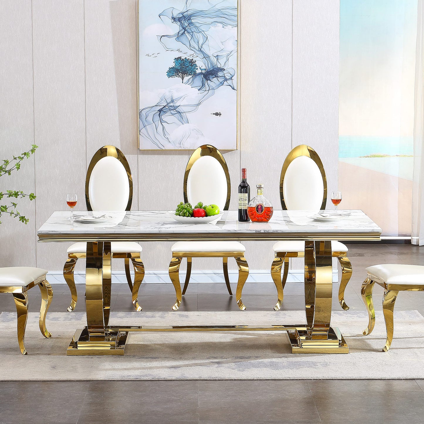 Henf 78.7" Luxury Marble Dining Table for 6-8 People White Gold Genuine Marble Kitchen Table with Mirrored Finish Stainless Steel Base, Contemporary Modern Large Long Dining Room Table (Table - WoodArtSupply