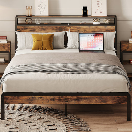 IRONCK Vintage Brown Queen Bed Frame with 2-Tier Storage Headboard, Power Outlets & USB Charging Ports - WoodArtSupply