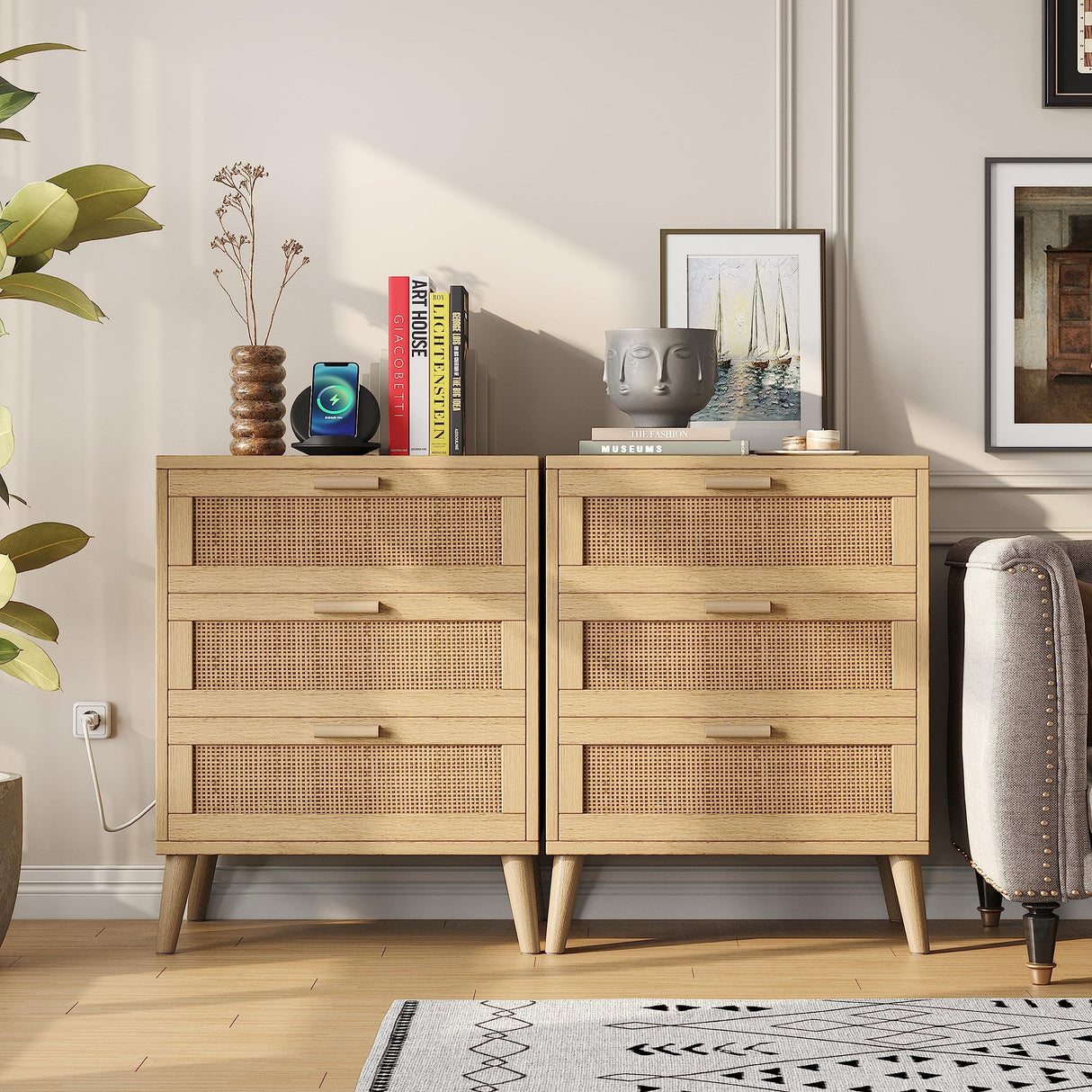 Irontar Rattan Nightstand with Charging Station, Night Stand with Rattan Decorated Drawers, Farmhouse End Table, Bedside Table with 2 USB Ports and 2 AC Outlets for Bedroom, Natural BZZ006ME Irontar