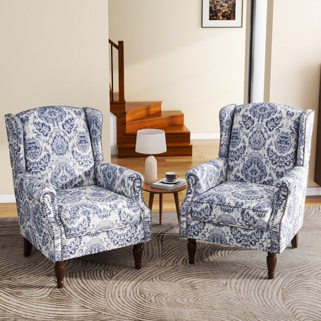 UIXE High Back Floral Accent Chairs Set of 2, Upholstered Armchair in Fabric, Retro Printed Wingback Arm Chair for Living Room, Nailhead Trim Single Sofa Bedroom Reading Seat - Navy Blue UIXE