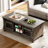 IRONCK 48'' Coffee Table with Sliding Barn Doors, Rustic Center Table with 6 Large Storage Space, Glass Doors and Adjustable Middle Shelf, Farmhouse Coffee Tables for Living Room, Meeting Room IRONCK