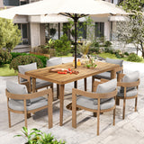 Christopher Knight Home Elko Acacia Wood Outdoor Dining Set for 6, Wooden 7 Piece Patio Dining Table Set, Outdoor Metal Dining Chair and Table Set with Cushion, Patio Furniture Set, Teak+Light Gray Christopher Knight Home