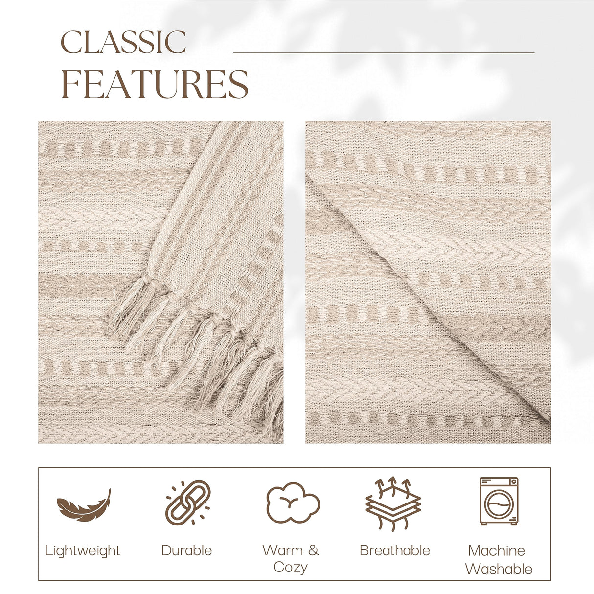 RAJRANG Farmhouse Throw Blanket Boho Living Room Decor Brown Cotton Stripe Cozy Bed Blankets with Fringe Soft and Luxury for Couch 50 x 60 Inches Warm Sand RAJRANG