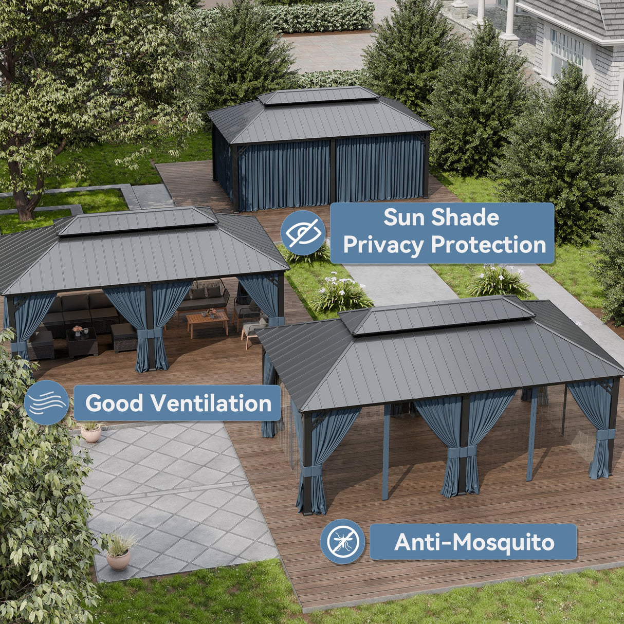 Kurapika 12' x 20' Hardtop Outdoor Metal Gazebo with Galvanized Steel Double Roof Canopy, Curtain and Netting, Aluminum Permanent Pavilion Gazebo, Navy Blue Kurapika