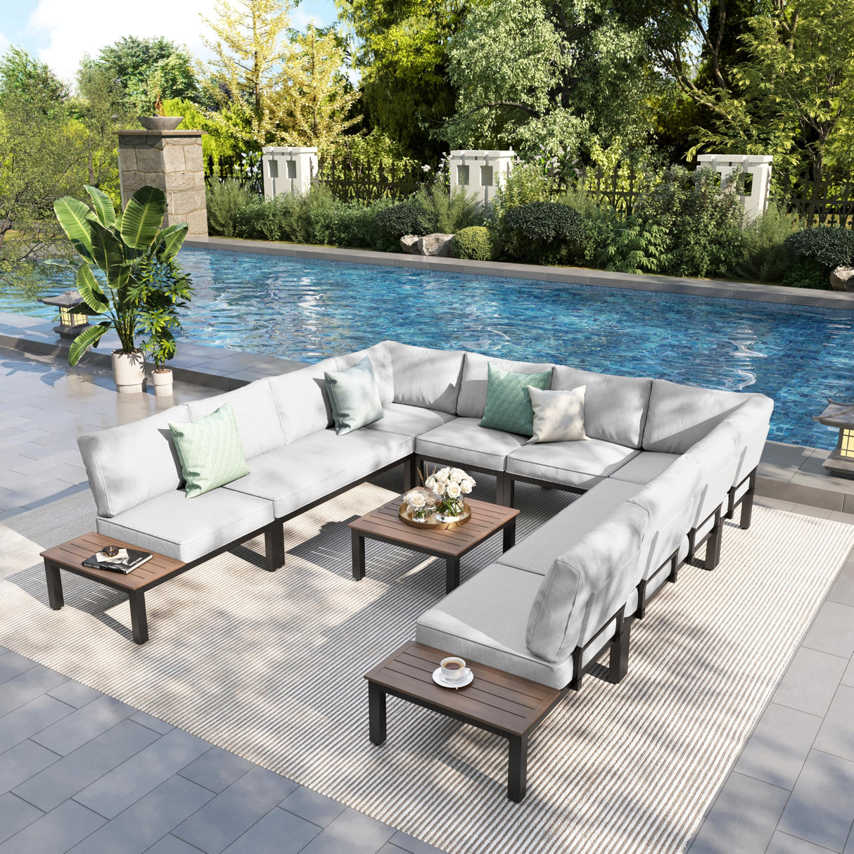 PHI VILLA 9 Pieces Outdoor Patio Furniture Set,Metal Frame Modern Outdoor Sectional Sofa Set,10 Seats Patio Conversation Sets with Coffee Table&Thickened Cushion,for Poolside and Backyard,Light Grey PHI VILLA
