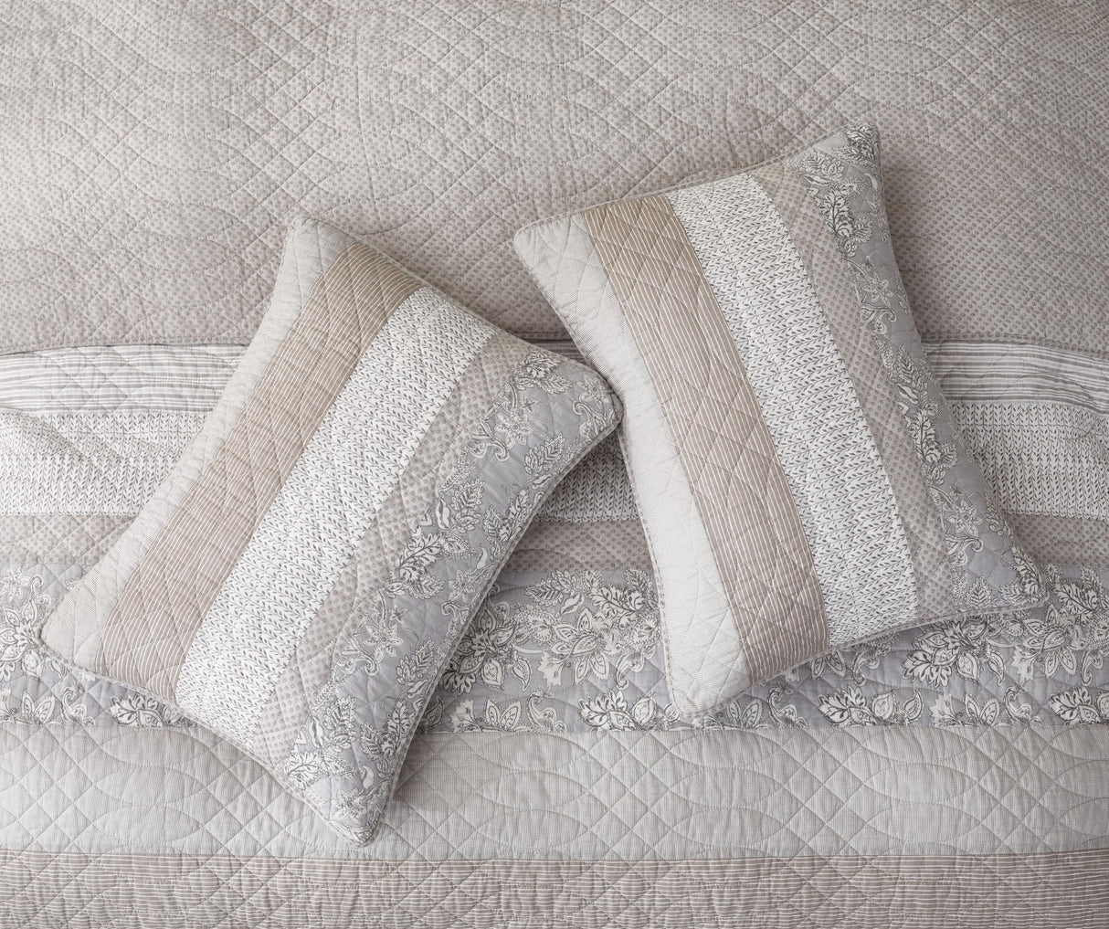 Chezmoi Collection Robyn 3-Piece Neutral Taupe Gray White Floral Hibiscus Flower Patchwork Striped Quilt Set - Pre-Washed Cotton Coverlet - Lightweight Reversible Bedspread, King Size Chezmoi Collection