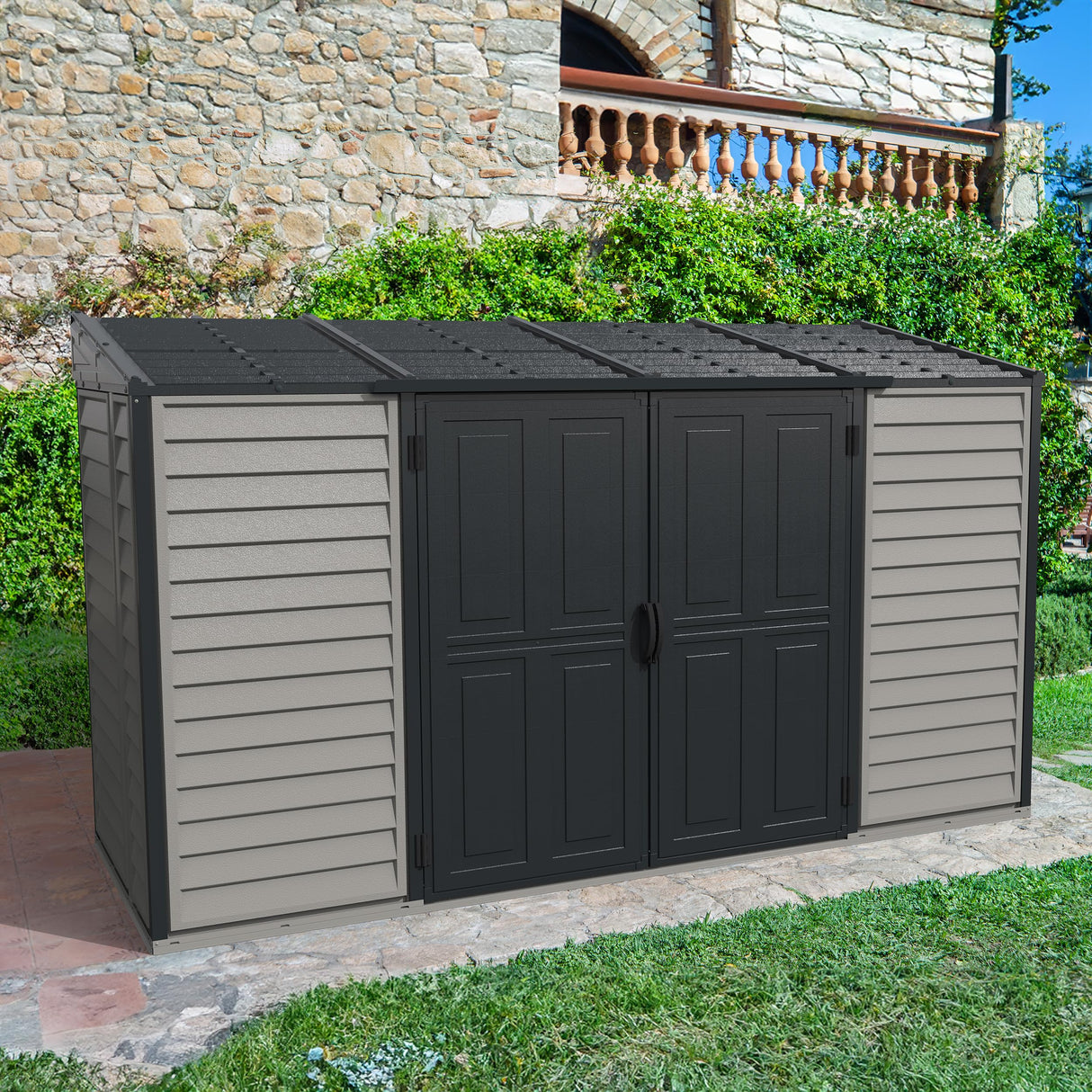 Duramax SideMate Plus 10x4 Vinyl Shed with Foundation Kit – Maintenance-Free Outdoor Storage Shed with Double Doors, Reinforced Metal Frame & Vents – Ideal for Side of House DURAMAX