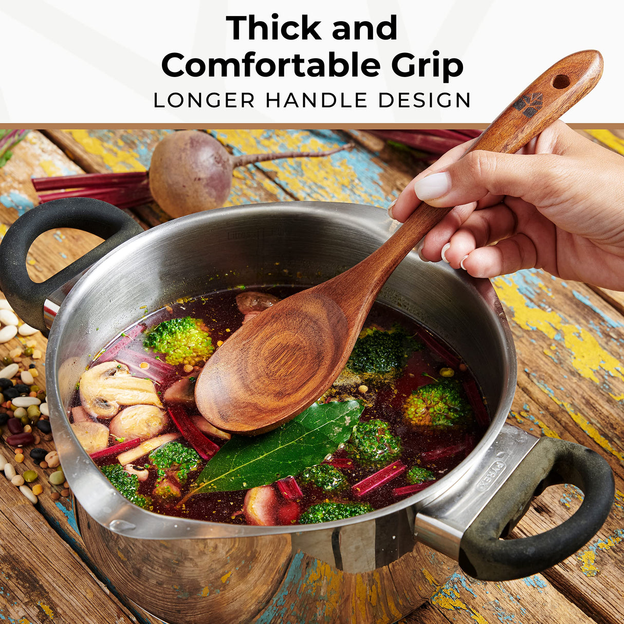 Wooden Spoons for Cooking, 10 Pcs Wooden Cooking Utensils Set – Wooden Utensil Set for Nonstick Pans & Cookware – Teak Wood - Sturdy, Lightweight & Heat Resistant WOODENHOUSE LIFELONG QUALITY