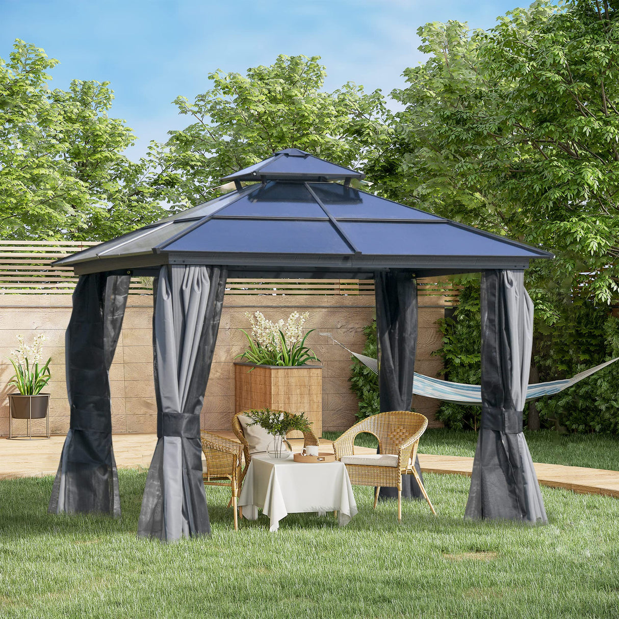Outsunny 10' x 10' Hardtop Gazebo Canopy with Polycarbonate Roof, Aluminum Frame, Permanent Pavilion Outdoor Gazebo with Netting, for Patio, Garden, Backyard, Deck, Lawn, Gray Outsunny