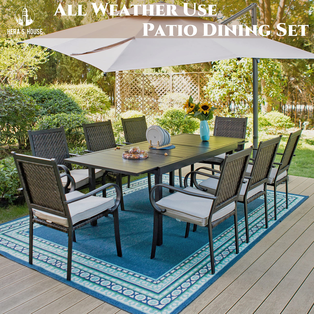 HERA'S HOUSE 9 Pieces Wicker Patio Dining Set, 8 x Rattan Dining Chair, 1 x Extendable Metal Dining Table, All Weather Resistant Outdoor Furniture Set for 8 for Lawn Garden Backyard HERA'S HOUSE