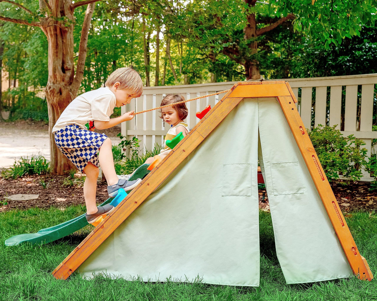 Avenlur Palm Outdoor and Indoor Playground 5 in 1 Backyard Playset with Ladder, Rock Wall, 4 ft. Slide, Tent Fort, Montessori Style Play Set Climber Playhouse Toddlers, Children, Kids 2-8yr ( - WoodArtSupply