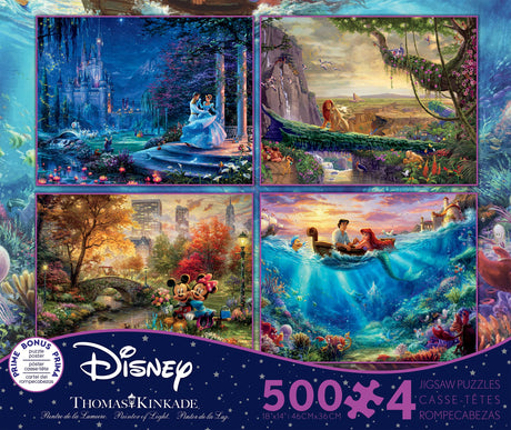 Ceaco - 4 in 1 Multipack - Thomas Kinkade - Disney Dreams Collection - Cinderella, The Lion King, Mickey and Minnie, & The Little Mermaid - (4) 500 Piece Jigsaw Puzzles , Blue Ceaco