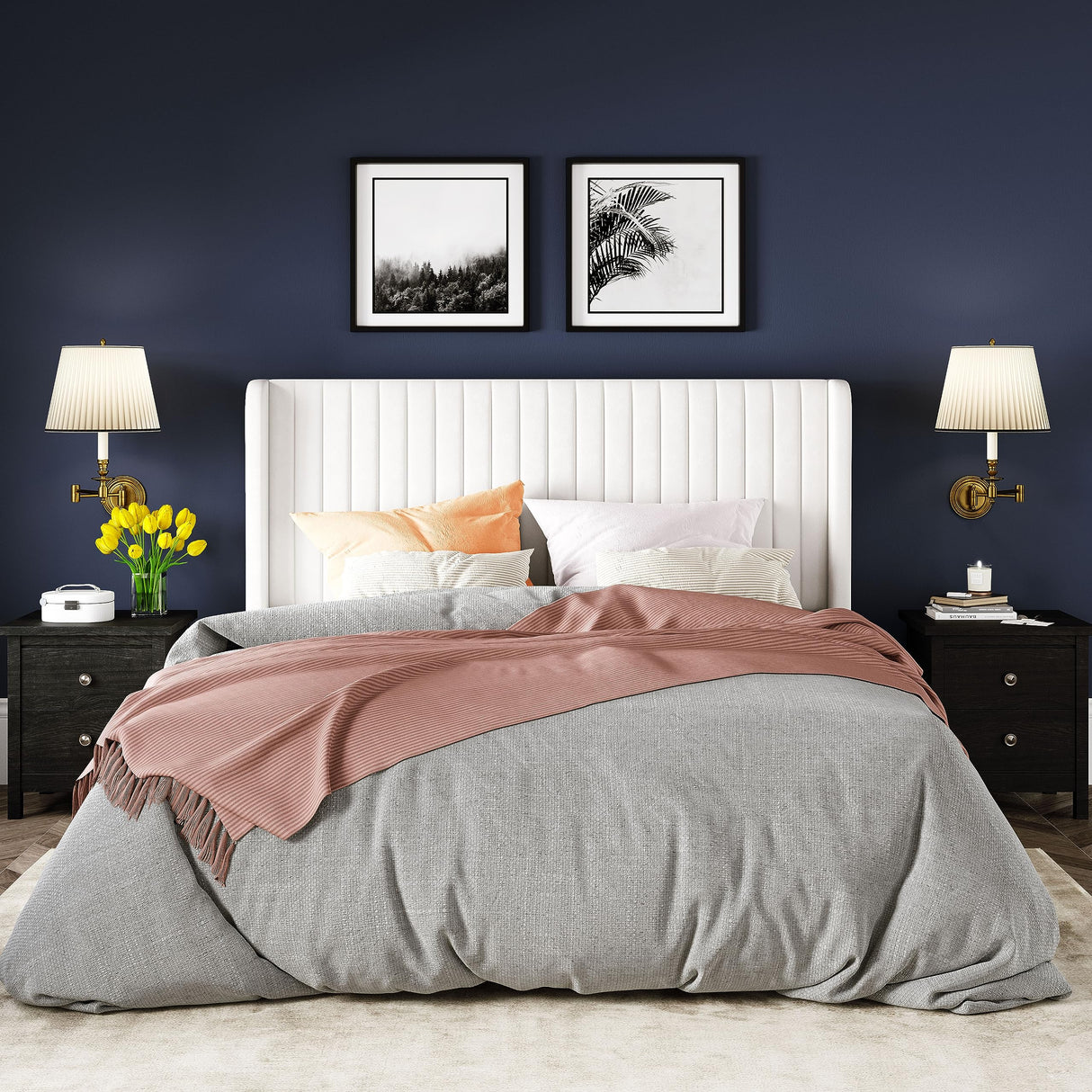 Allewie Queen Size Velvet Bed Frame/Vertical Channel Tufted Wingback Headboard/Upholstered Platform Bed/Strong Wooden Slats/No Box Spring Needed/Easy Assembly/White Allewie