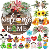 Interchangeable Welcome Sign for Front Door with 4 Seasonal Wreaths and 21 Changeable Icons, Farmhouse Rustic Outdoor Welcome Signs Porch, Holiday Spring Summer Winter Fall Decorations for Home Gifts OWUH