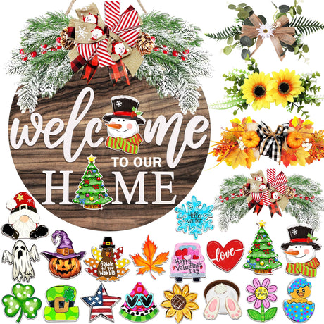 Interchangeable Welcome Sign for Front Door with 4 Seasonal Wreaths and 21 Changeable Icons, Farmhouse Rustic Outdoor Welcome Signs Porch, Holiday Spring Summer Winter Fall Decorations for Home Gifts OWUH