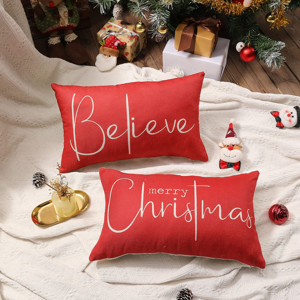 Christmas Throw Pillow Covers 12x20 Inch Set of 2 Merry Christmas Farmhouse Decorations Believe Holiday Decor Throw Cushion Case for Home Couch DFXSZ
