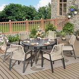 MIXPATIO 7 Pieces Round Outdoor Dining Set for 6, Patio Dining Set Wicker Rattan Chairs with Soft Cushion and 54" Round Table with Umbrella Hole, Round Patio Table and Chairs for Backyard Porch MIXPATIO