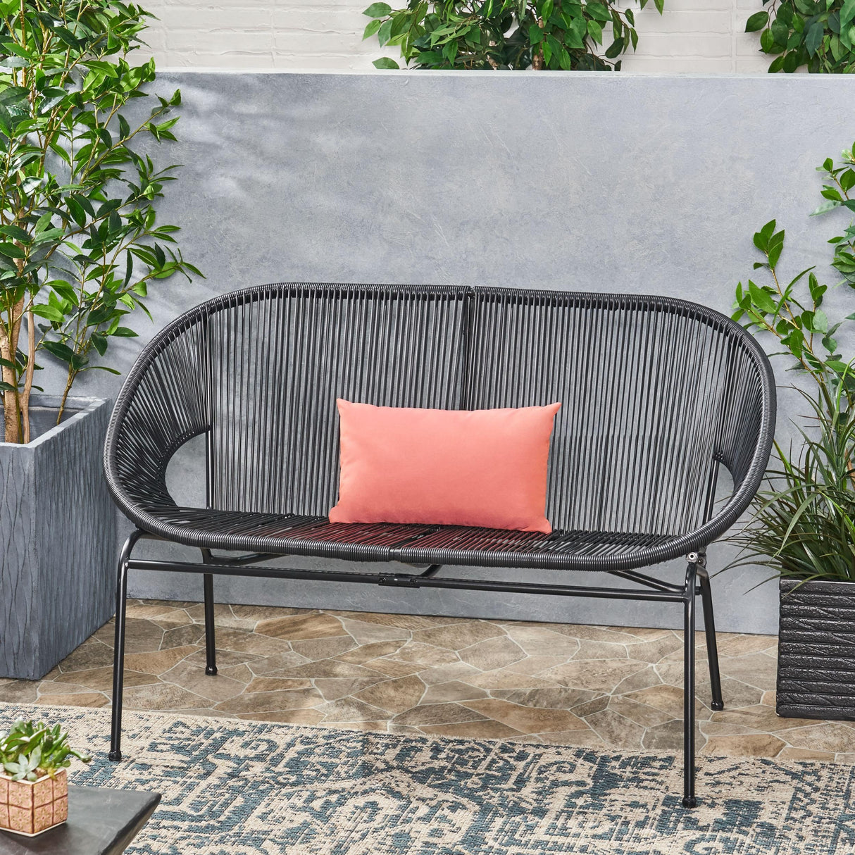 GDFStudio Patio Loveseat All-Weather Rattan 2 Seater Sofa Outdoor Patio Furniture Set for Balcony Poolside Backyard, Black GDFStudio