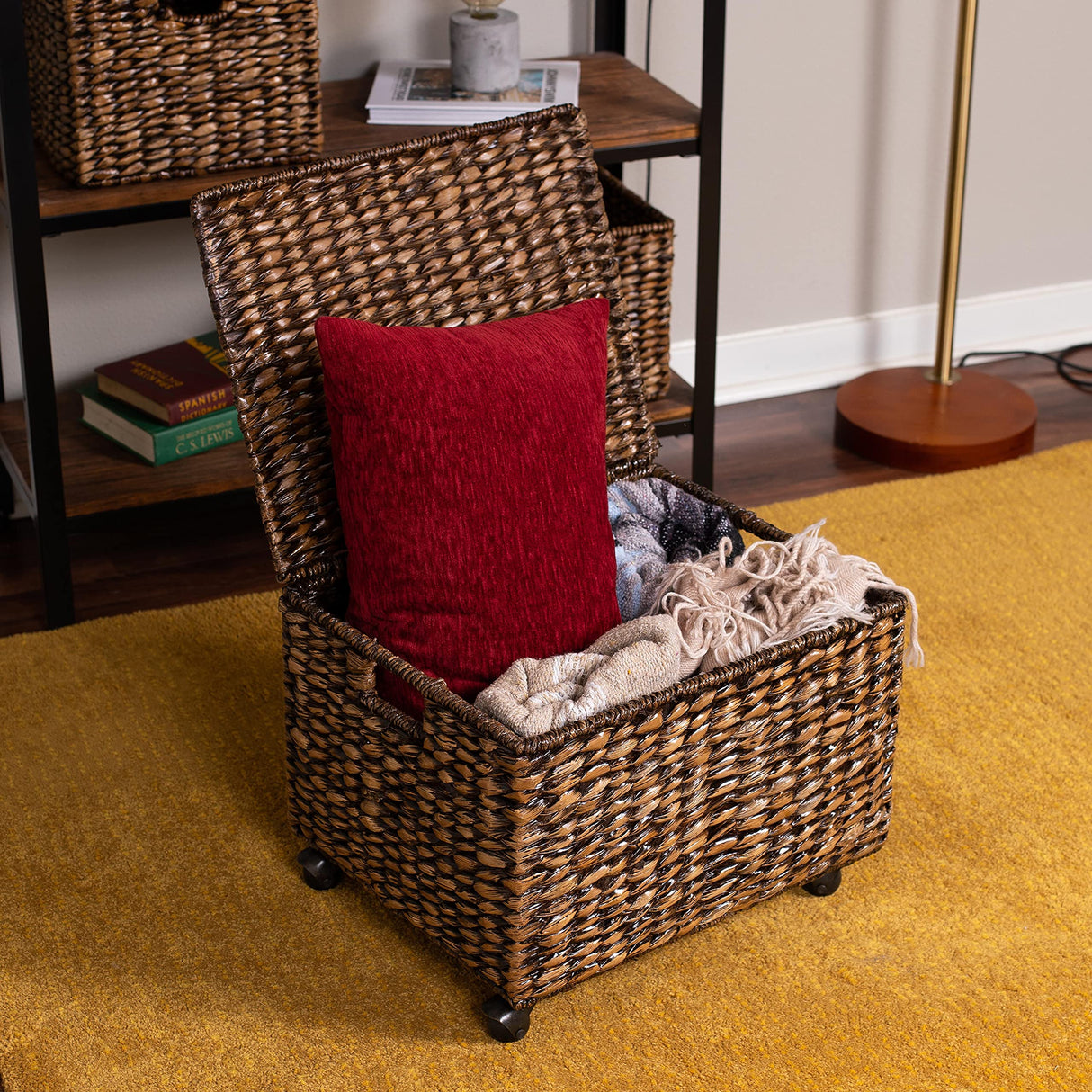 BIRDROCK HOME Rolling File Cabinet with Lid - Brown Wash - Natural Seagrass - Storage Organizer Box - Home Office Decor - Decorative Organize - Letter Legal Hanging Filing Container BIRDROCK HOME