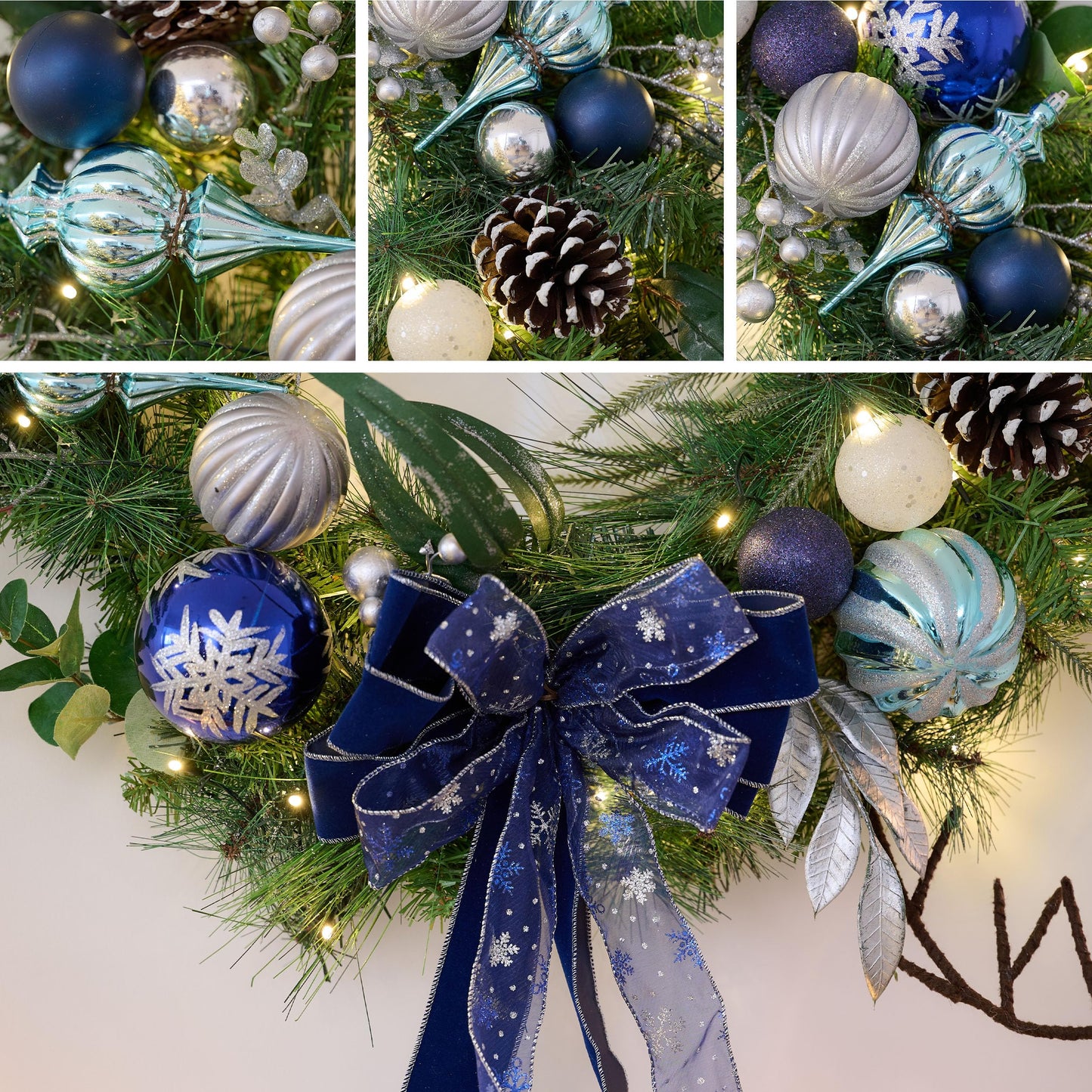 Valery Madelyn 30 Inch Pre-Lit Christmas Wreath for Front Door with Lights, Large Lighted Christmas Wreath with Silver Blue Xmas Ball for Fireplace Window Outdoor Table Centerpiece Holiday Decoration