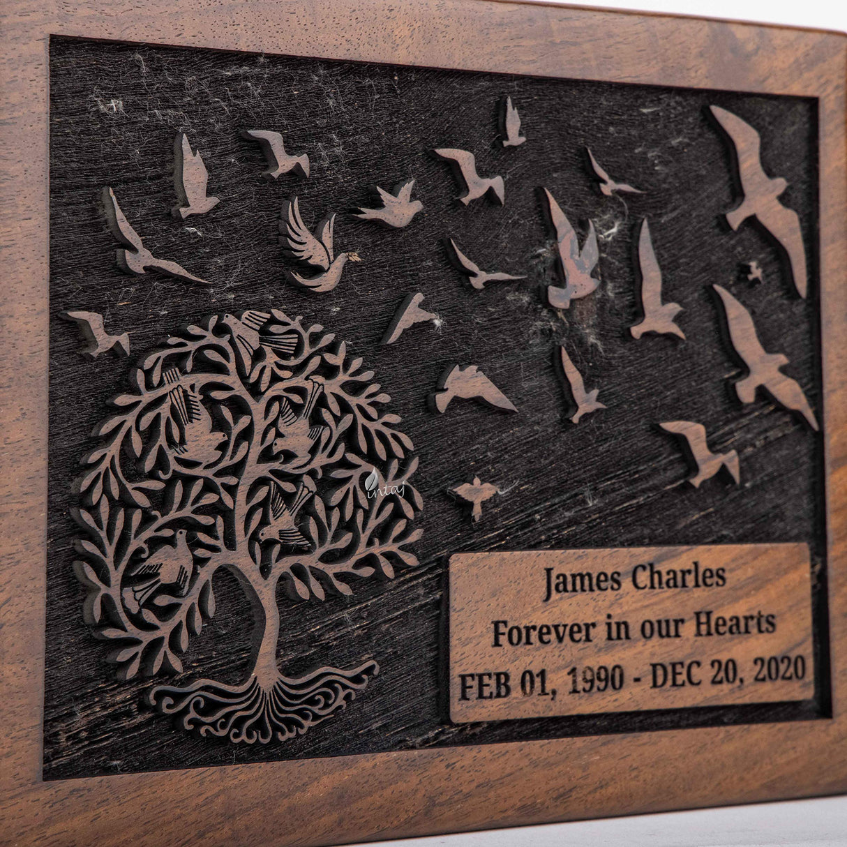 INTAJ Cremation Urn for Human Ashes Adult Male Female - Tree of Life Wooden Box Urn for Ashes - Handmade Decorative Funeral Urn (Customised Tree INTAJ