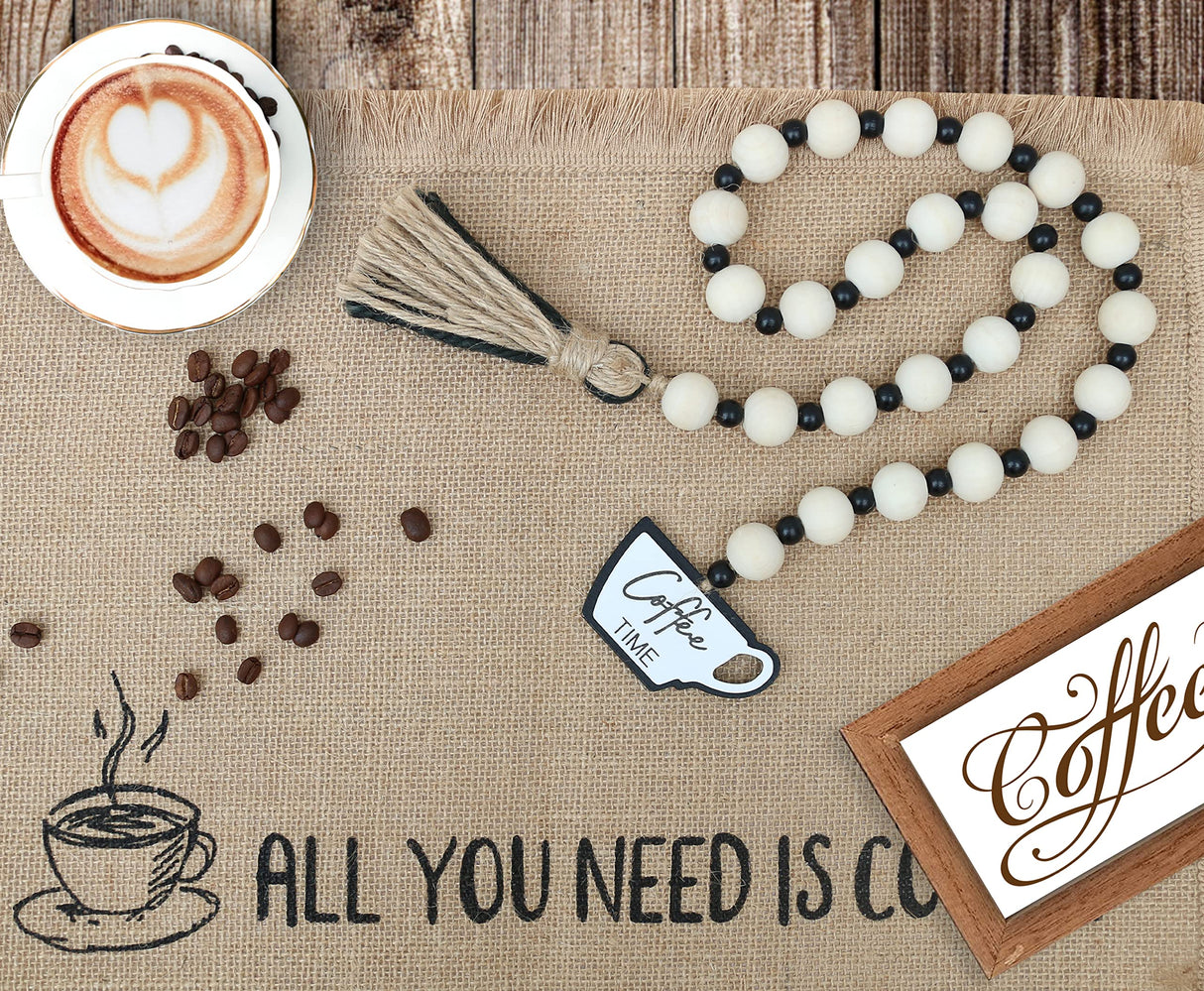 Meplait Garland - Natural Wood Beads, Jute Rope, Coffee Themed Hanging Ornament for Home Decor Meplait