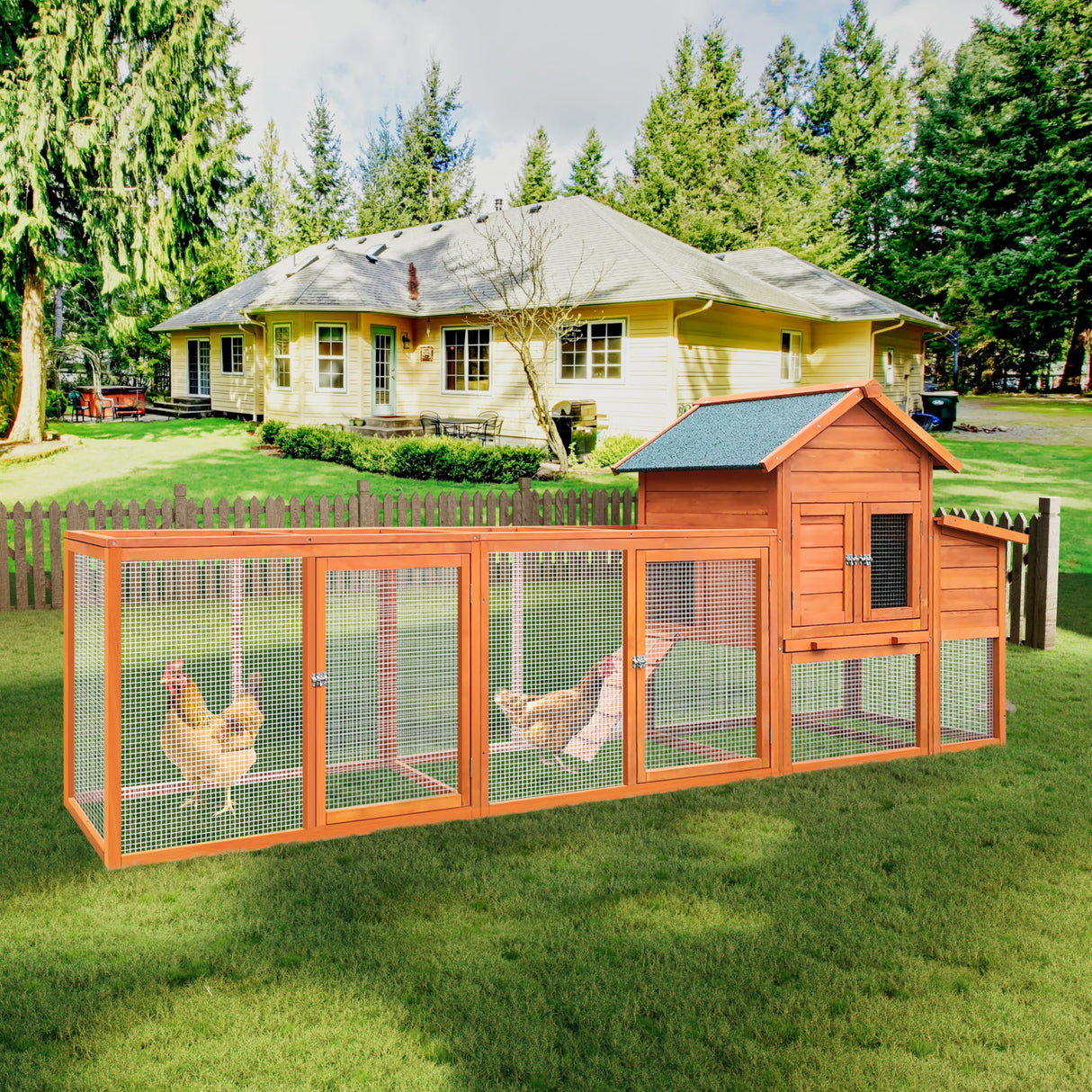 YOPTO 122" Wood Chicken Coop with Nesting Box,Outdoor Chicken Run W/Run&Perch,Wooden Large Hen House W/Ramp&Sliding Trays,Waterproof Poultry Cage W/Sloped Asphalt Roof,for Backyard Farm Use,Natural YOPTO