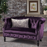 Christopher Knight Home GDFStudio Melaina Tufted Chesterfield Velvet Loveseat with Scrolled Arms, BlackBerry and Dark Brown GDFStudio