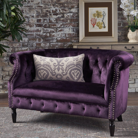 Christopher Knight Home GDFStudio Melaina Tufted Chesterfield Velvet Loveseat with Scrolled Arms, BlackBerry and Dark Brown GDFStudio