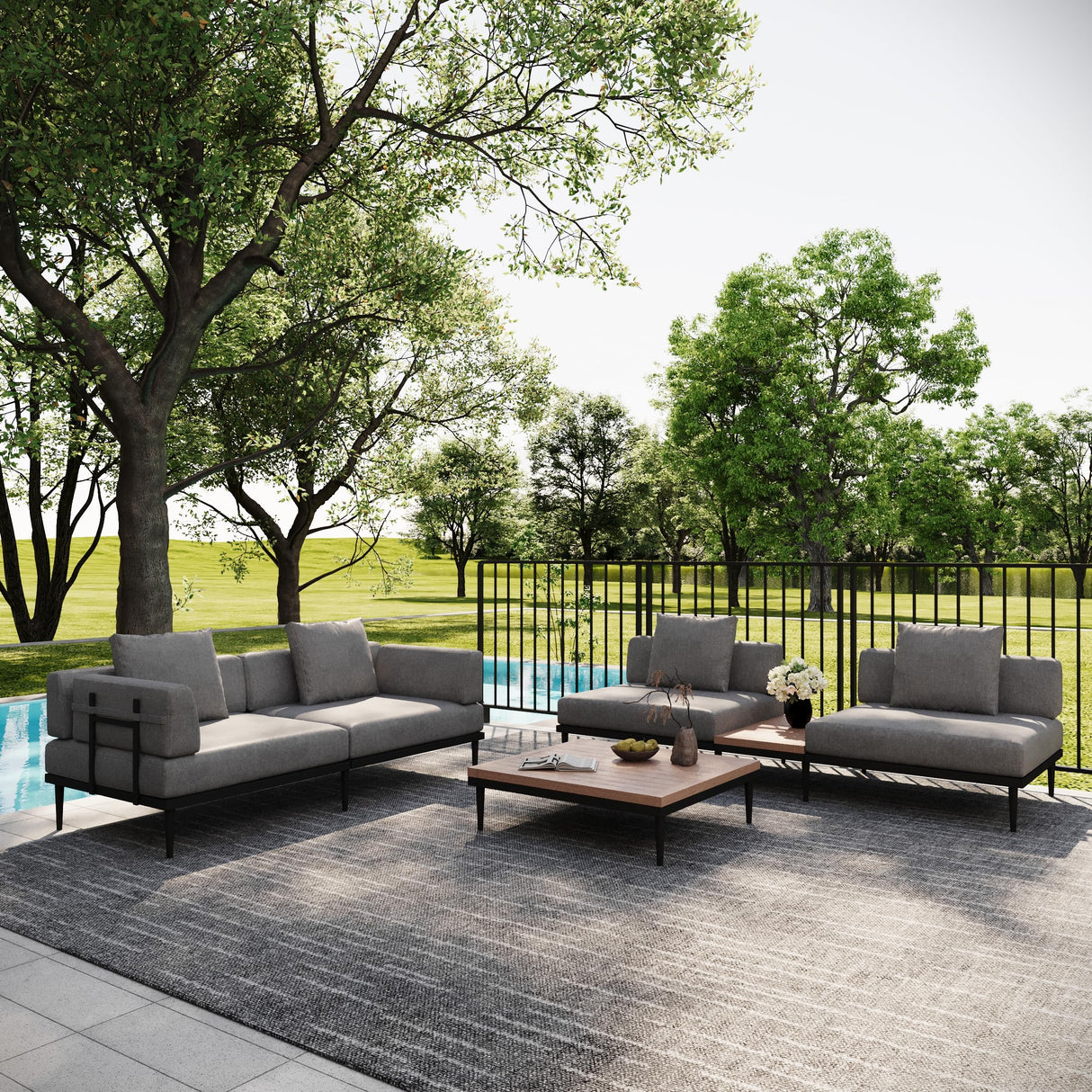 Acanva Modular Outdoor Patio Sectional Sofa, All-Weather Free Combination L-Shaped Balcony Couch with Side Table, Grey, 4 Seater + 1 Side Table Acanva