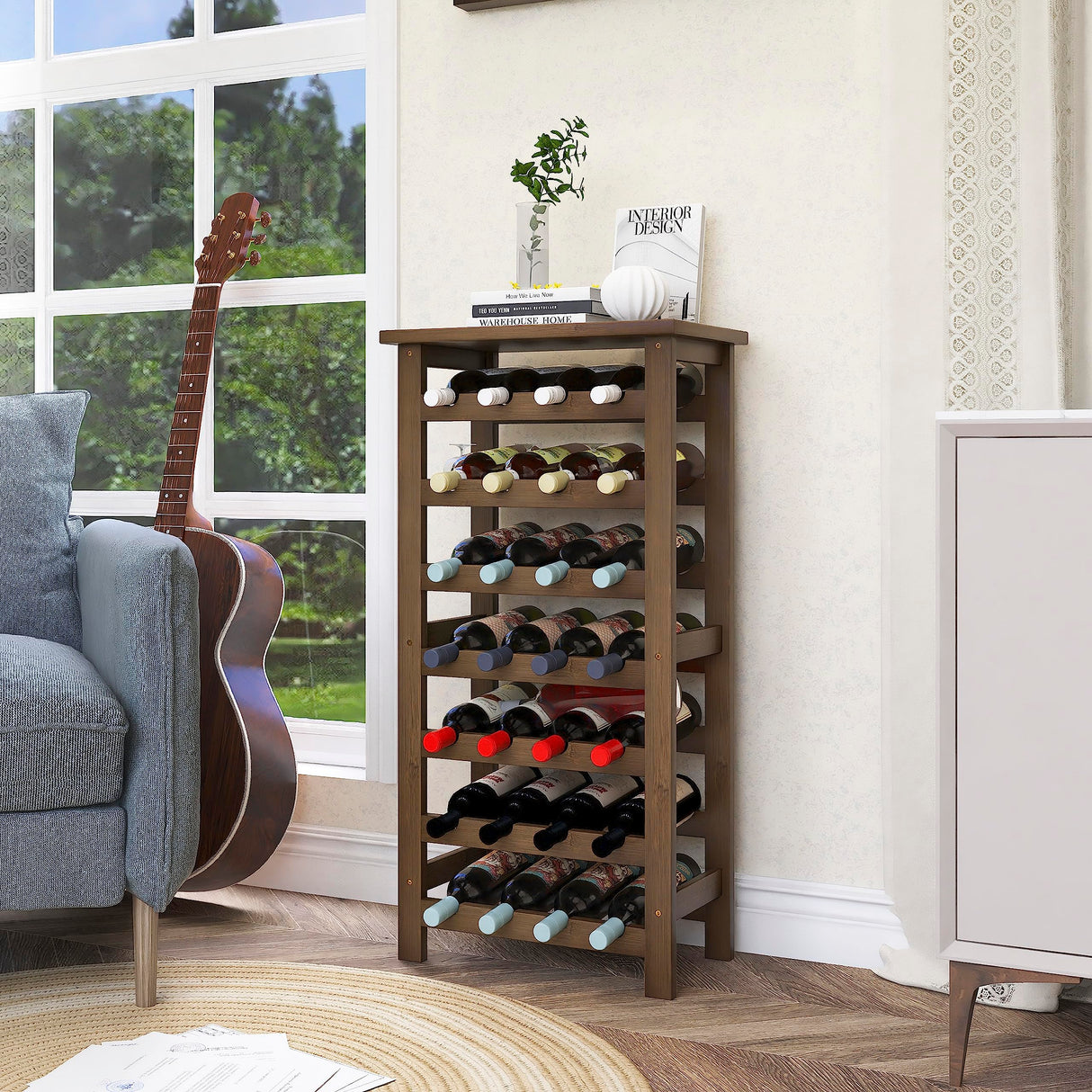 SMIBUY Bamboo Wine Rack, 28 Bottles Display Holder with Table Top, 7-Tier Free Standing Storage Shelves for Kitchen, Pantry, Cellar, Bar (Walnut) SMIBUY