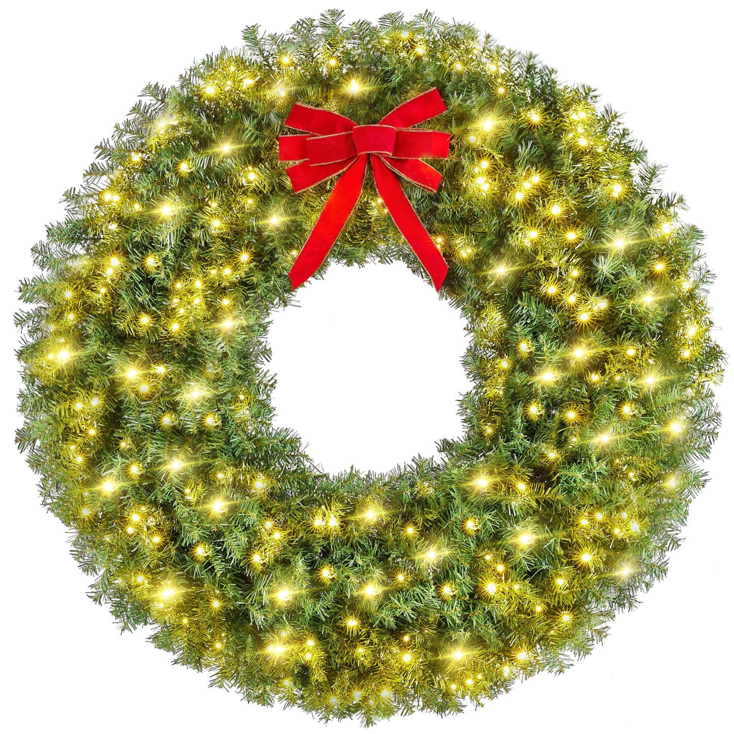 Yaheetech 60in Large Artificial Christmas Wreath, Pre-lit Holiday Accent Decoration with Red Bow, 300 LED Lights & 1026 PVC Tips, Metal Structure for Door Wall & Mantel