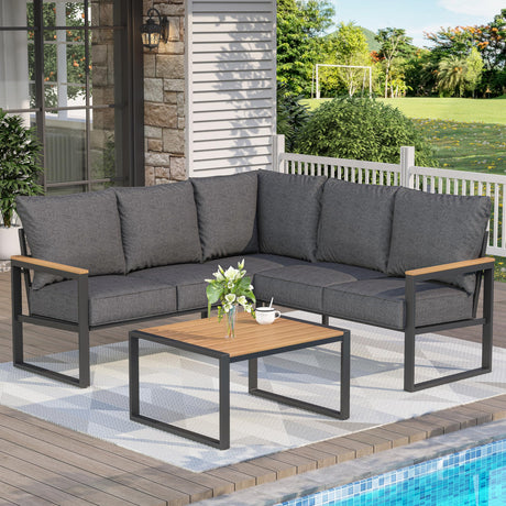 COMLAX FIELD Metal Patio Furniture Set, 6 Pieces Outdoor Sectional Sofa Set with Side Table, L Shape Patio Conversation Set with Faux-Wood Tabletop, Outdoor Couch for Balcony, Porch, Backyard, Grey COMLAX FIELD