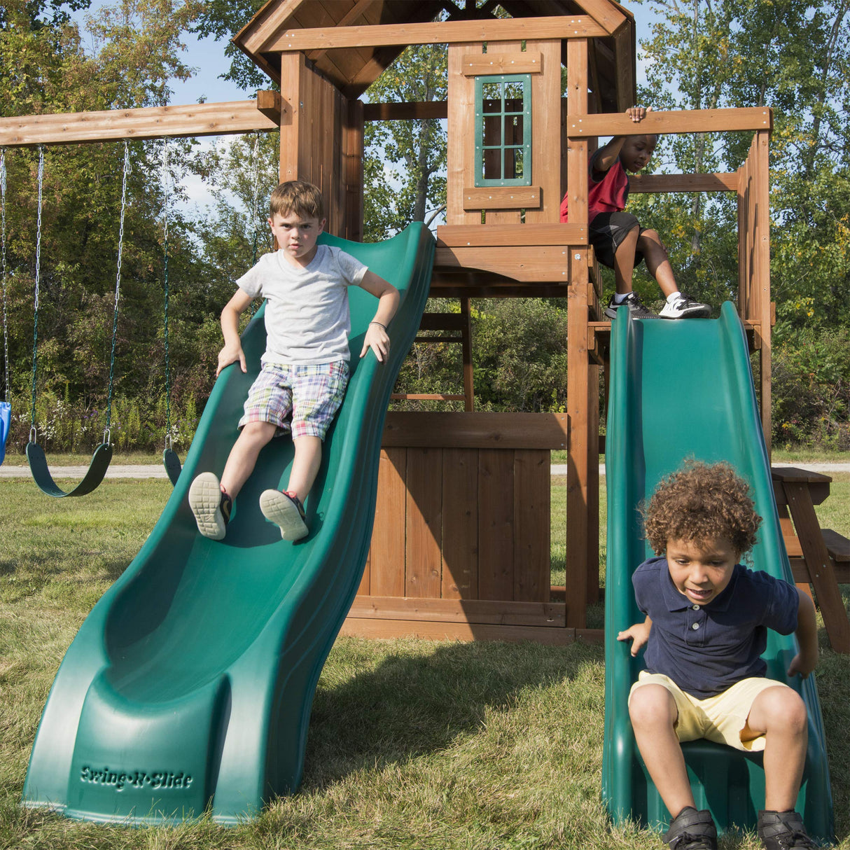 Swing-N-Slide WS 8353 Knightsbridge Deluxe Wooden Swing Set with Two Slides, Climbing Wall, Swings, Glider & Picnic Table, Wood Swing-N-Slide